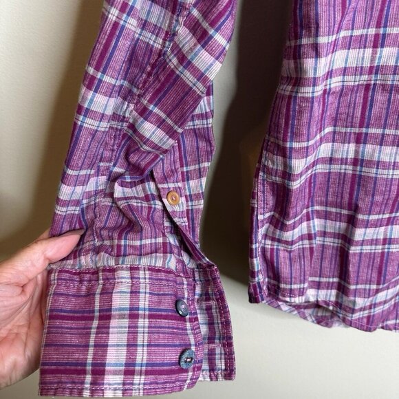 Hugo Boss Orange Linen Blend Plaid Button Up Shirt Purple Mens XL Western Preppy - Picture 4 of 15